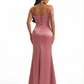 Elegant Mermaid Off The Shoulder Ruched Satin Long Ladies Evening Gowns Side Slit