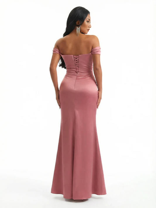 Elegant Mermaid Off The Shoulder Ruched Satin Long Ladies Evening Gowns Side Slit