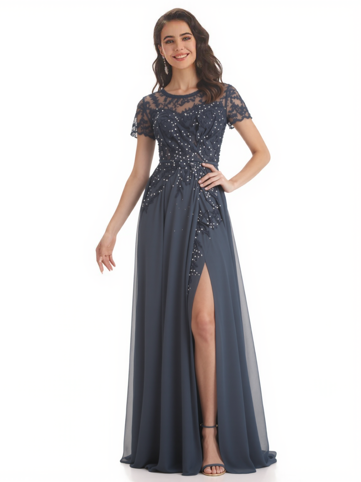 Elegant Short Sleeve Lace Chiffon A-Line Mother of The Bride Dresses