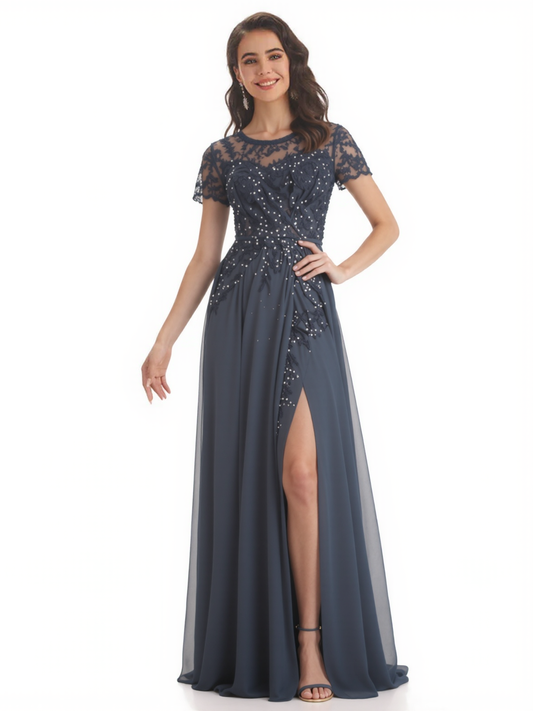 Elegant Short Sleeve Lace Chiffon A-Line Mother of The Bride Dresses