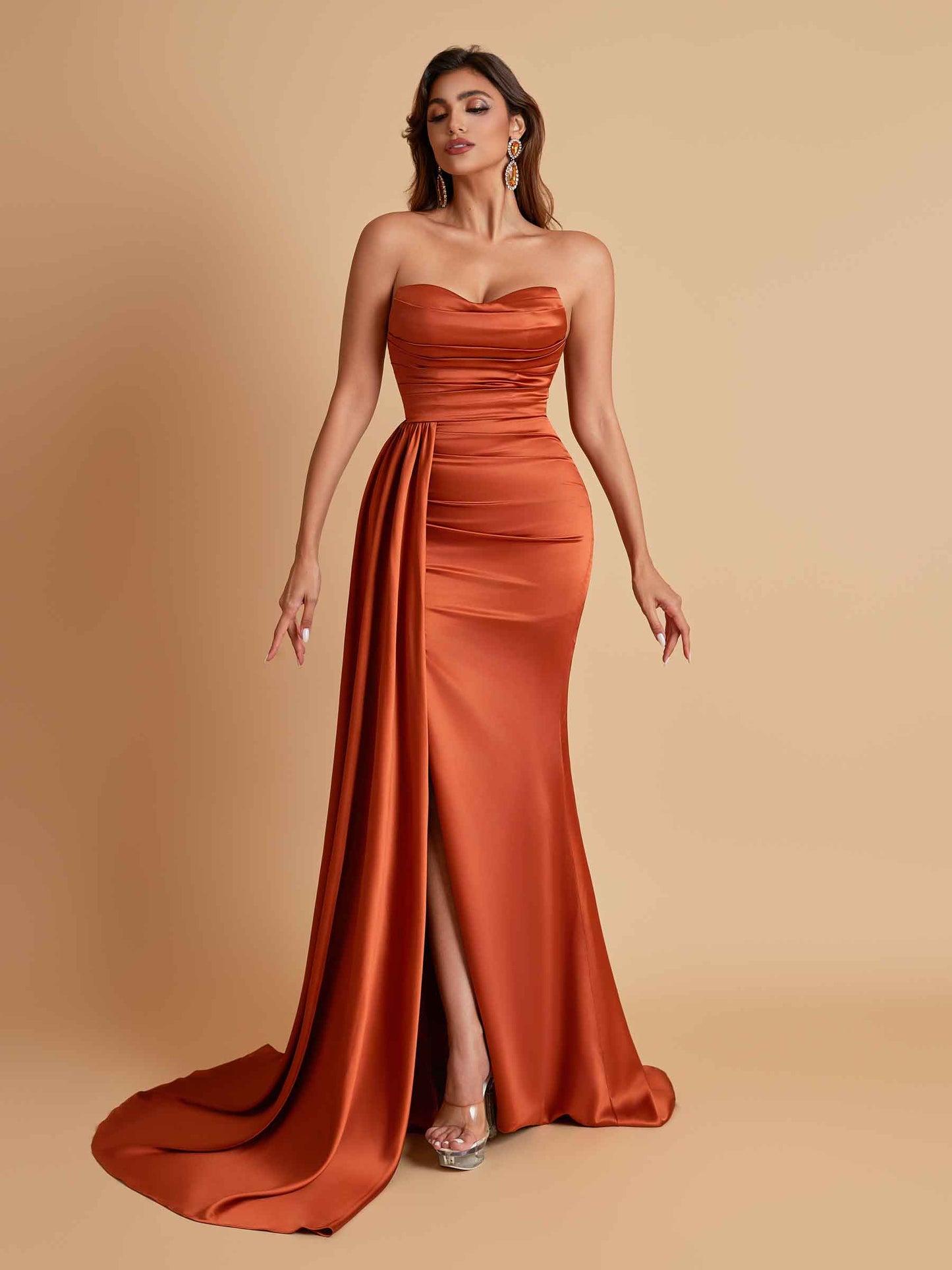 Elegant Soft Satin Sweetheart Strapless Side-Slit Mermaid Bridesmaid Dresses