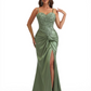 Elegant Spaghetti Straps Lace Bodice Mermaid Silky Satin Long Evening Formal Dresses Side Slit