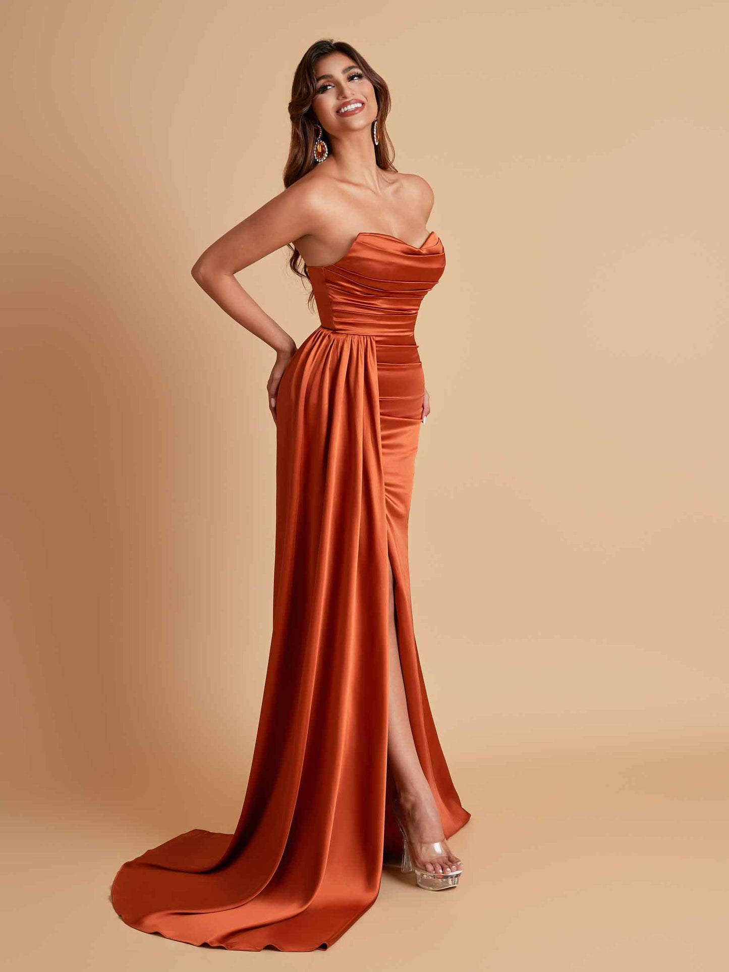 Elegant Soft Satin Sweetheart Strapless Side-Slit Mermaid Bridesmaid Dresses