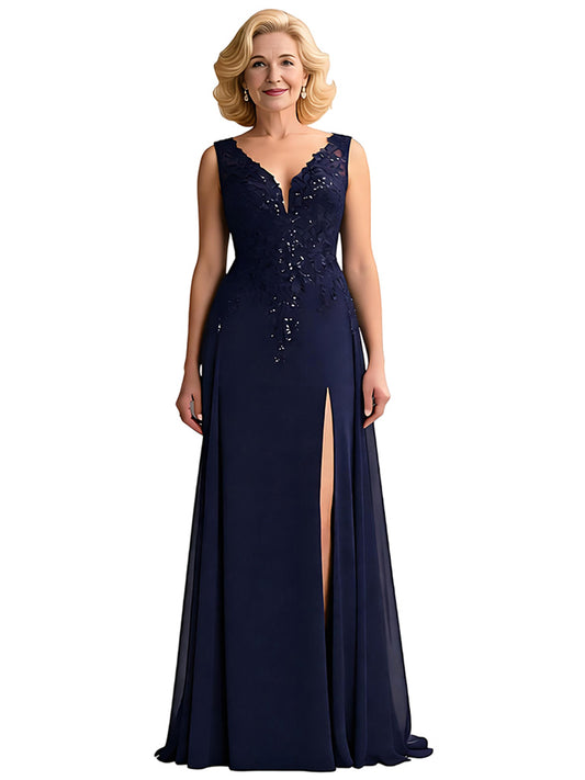Sexy V-Neck Mother of The Bride Groom Dresses Lace Wedding Formal Gown Sleeveless