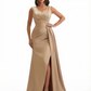 Ladies Sexy V-Neck Mermaid Silky Satin Long Evening Formal Dresses Side Slit