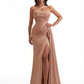Sexy One Shoulder Ruched Mermaid Silky Satin Long Formal Dresses With Waist Drape Boning Side Slit
