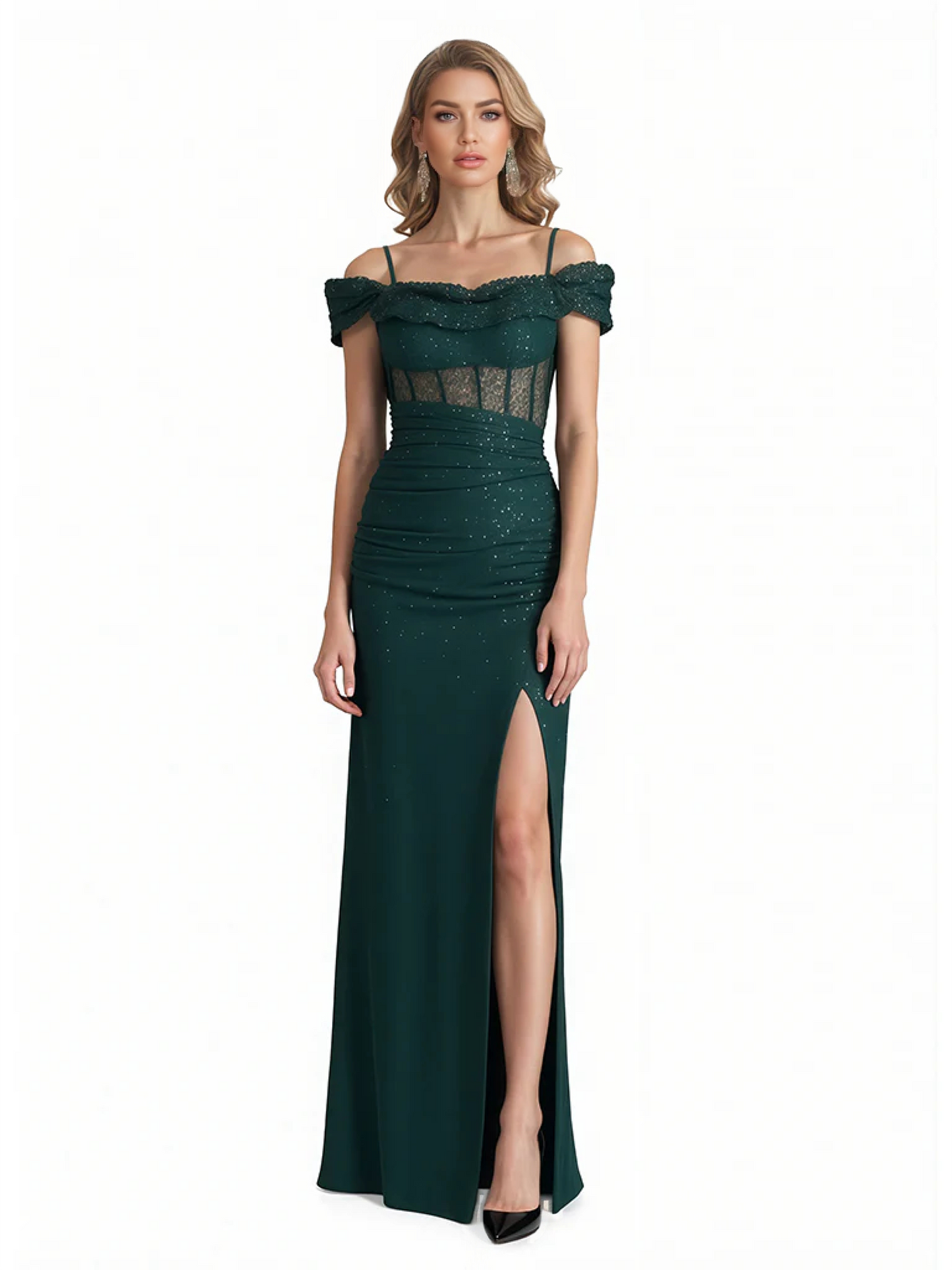 Shiny Mermaid Glitter Jersey Cold Shoulder Side Slit Long Formal Dresses For Women