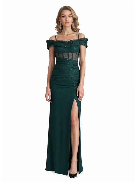 Shiny Mermaid Glitter Jersey Cold Shoulder Side Slit Long Formal Dresses For Women