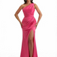 Sexy One Shoulder Sleeveless Ruched Mermaid Soft Satin Long Evening Dresses Side Slit