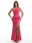 Sexy One Shoulder Sleeveless Ruched Mermaid Soft Satin Long Evening Dresses Side Slit