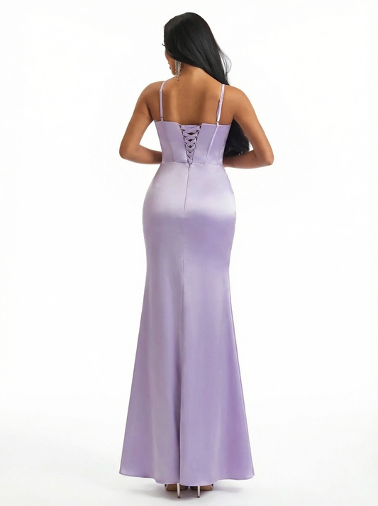 Elegant Spaghetti Straps V-Neck Boning Side Slit Mermaid Silky Satin Long Formal Dresses