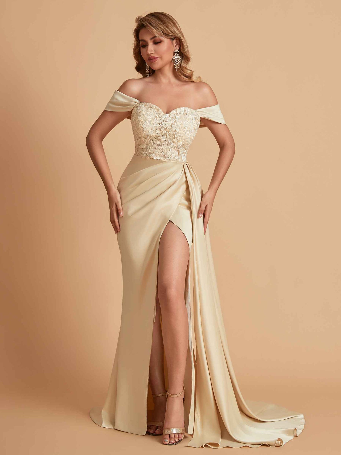 Sexy Satin Mermaid Off Shoulder Lace Side Slit Long Bridesmaid Dresses Online