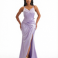 Elegant Spaghetti Straps V-Neck Boning Side Slit Mermaid Silky Satin Long Formal Dresses