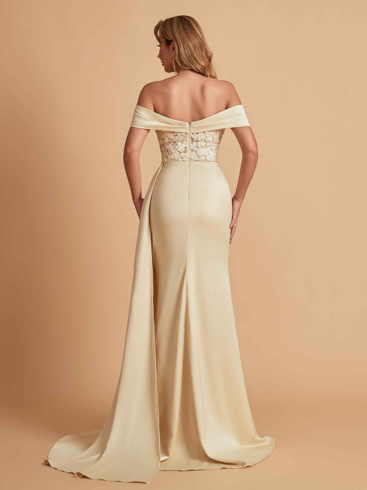 Sexy Satin Mermaid Off Shoulder Lace Side Slit Long Bridesmaid Dresses Online