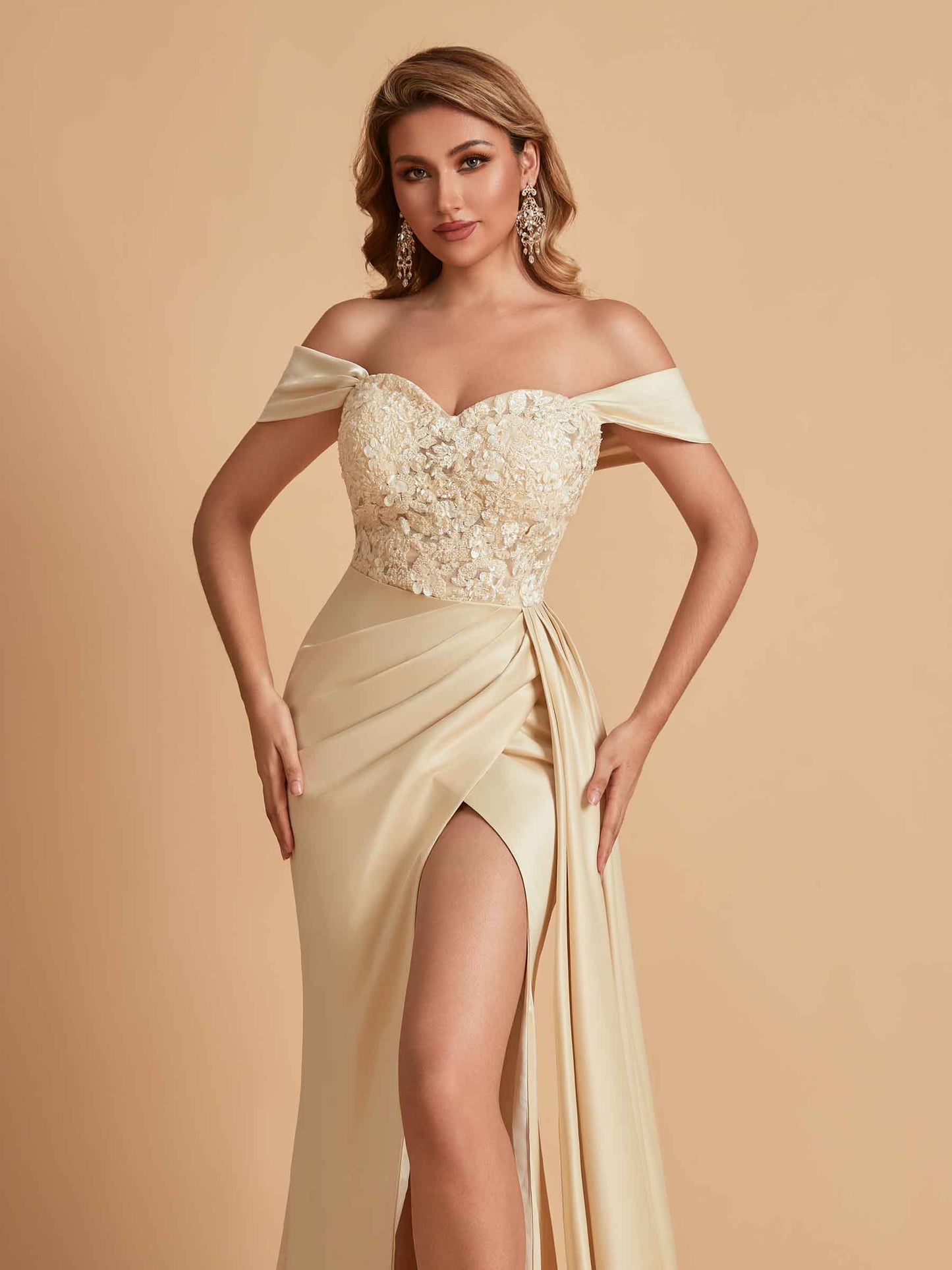 Sexy Satin Mermaid Off Shoulder Lace Side Slit Long Bridesmaid Dresses Online