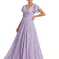 Elegant Flutter Sleeves V-Neck Floral Burnout Chiffon A-Line Formal Evening Dresses