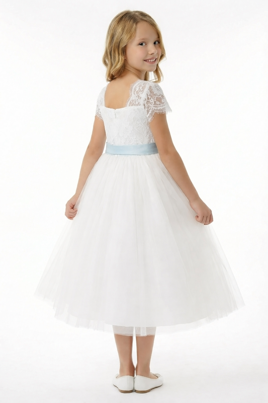 Lace Bodice Flower Girl Dress with Spaghetti-Straps Short Sleeves Tulle Knee Length Princess Gown