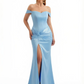 Sexy Off The Shoulder Mermaid Soft Satin Floor Length Evening Dresses Slit With Twist Knot