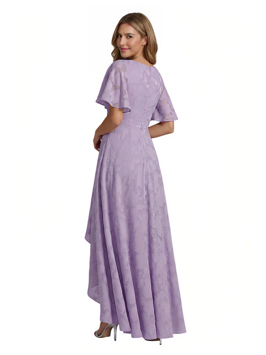 Elegant V-Neck Flutter Sleeves Floral Burnout Chiffon A-Line Formal Evening Dresses