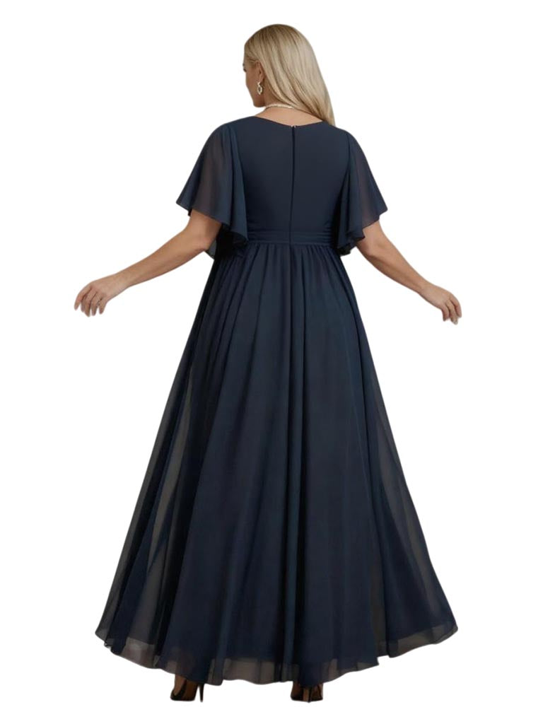 Formal V-neck Chiffon Mother of The Bride Dresses Evening Short Sleeveless With Train