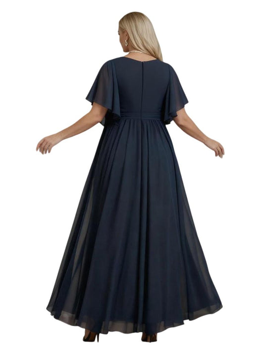 Formal V-neck Chiffon Mother of The Bride Dresses Evening Short Sleeveless With Train