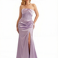 Women's Sexy Strapless Boning Mermaid Ruched Satin Long Formal Dresses Side Slit