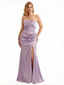 Women's Sexy Strapless Boning Mermaid Ruched Satin Long Formal Dresses Side Slit