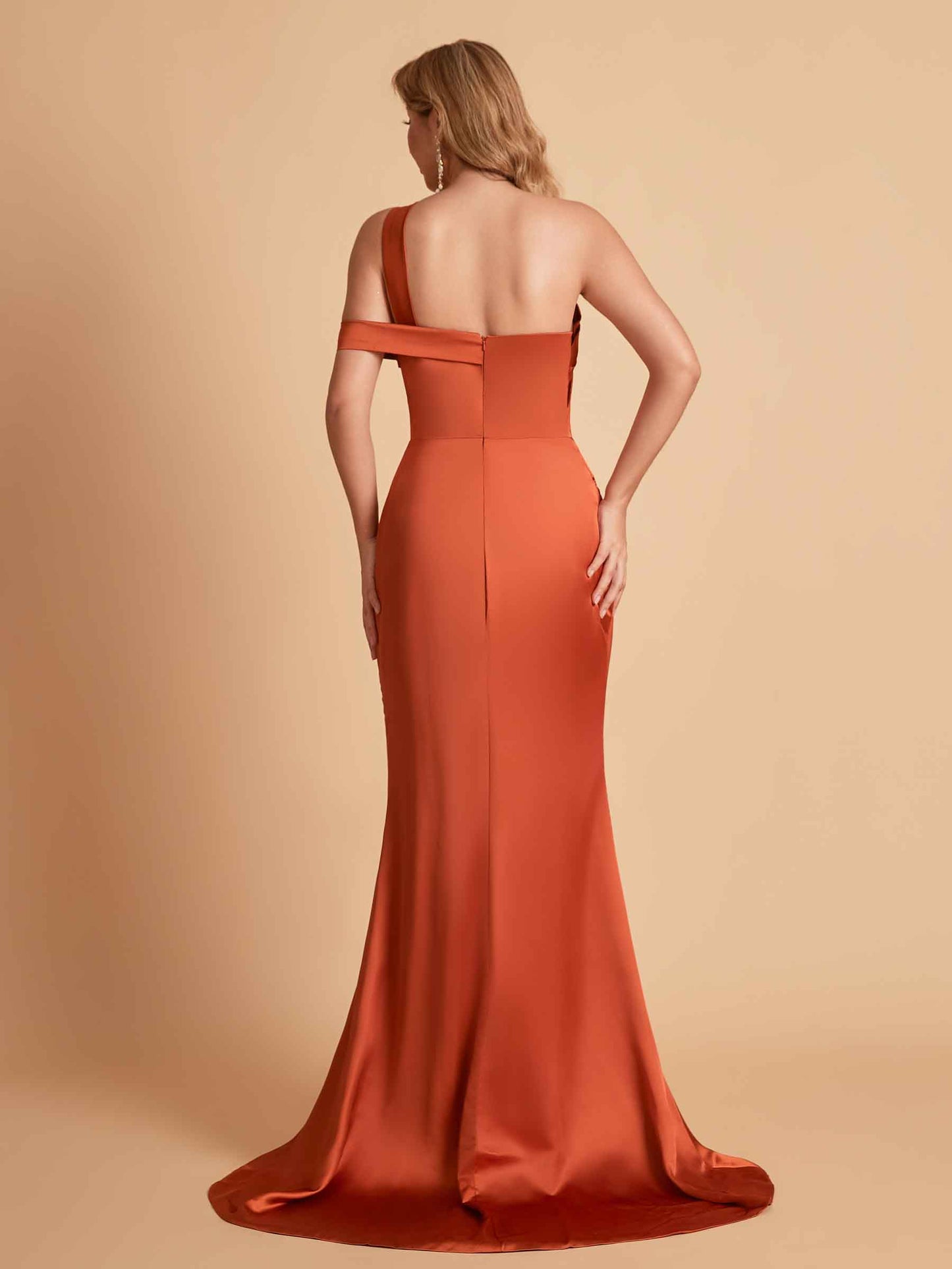 Sexy Satin Mermaid One Shoulder Pleats Side Slit Long Bridesmaid Dresses Online