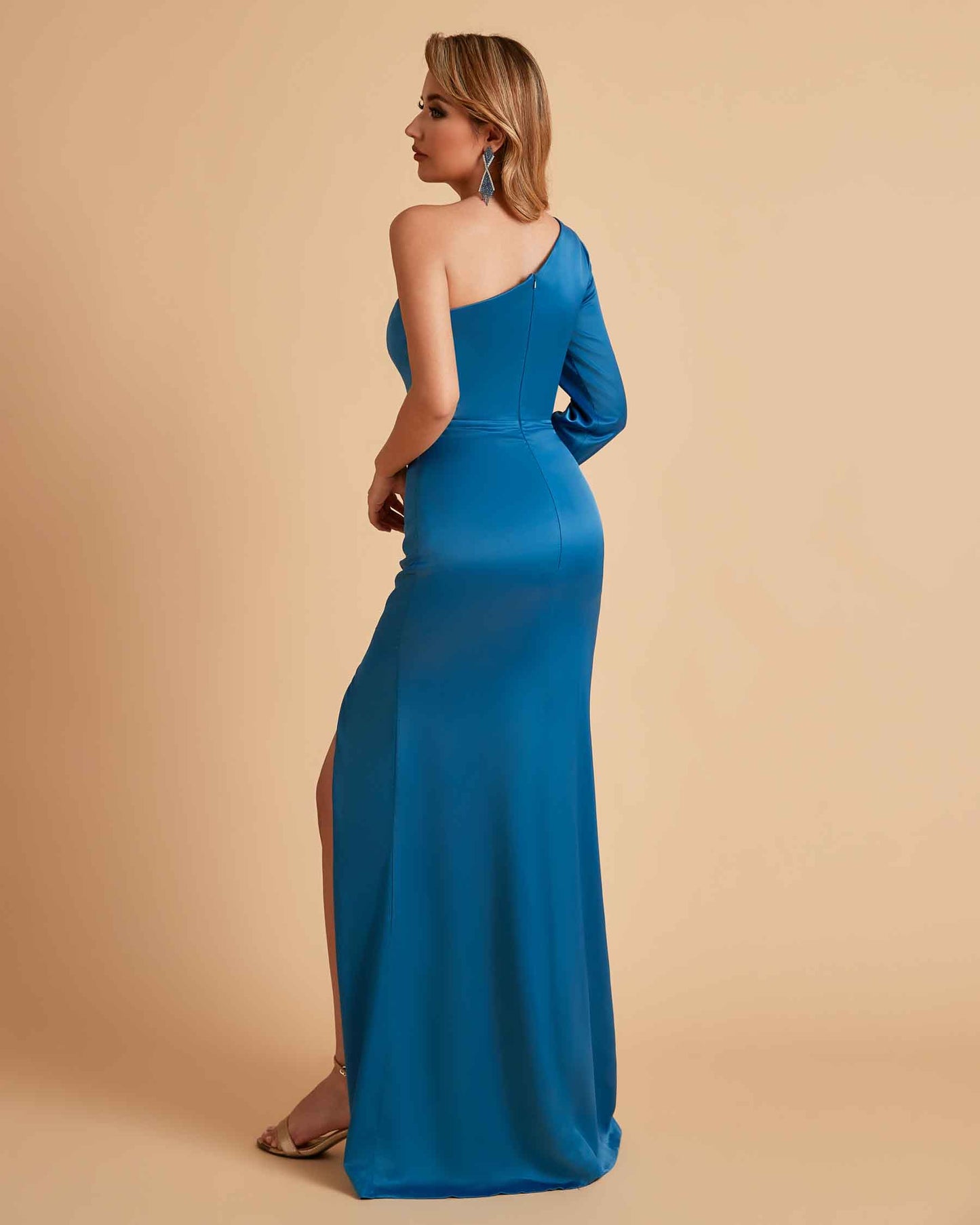 Sexy Satin One Sleeve Pleats Mermaid Bridesmaid Dresses Side Slit Floor Length