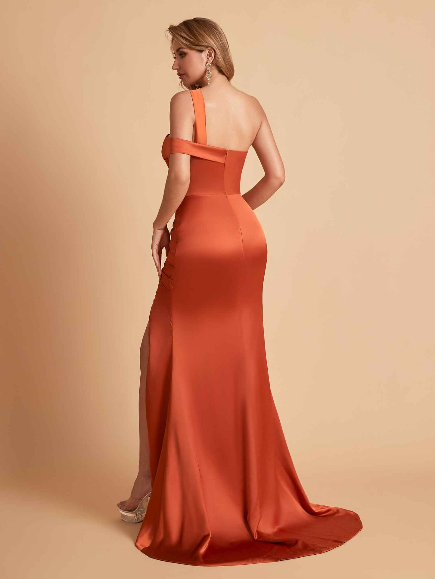 Sexy Satin Mermaid One Shoulder Pleats Side Slit Long Bridesmaid Dresses Online