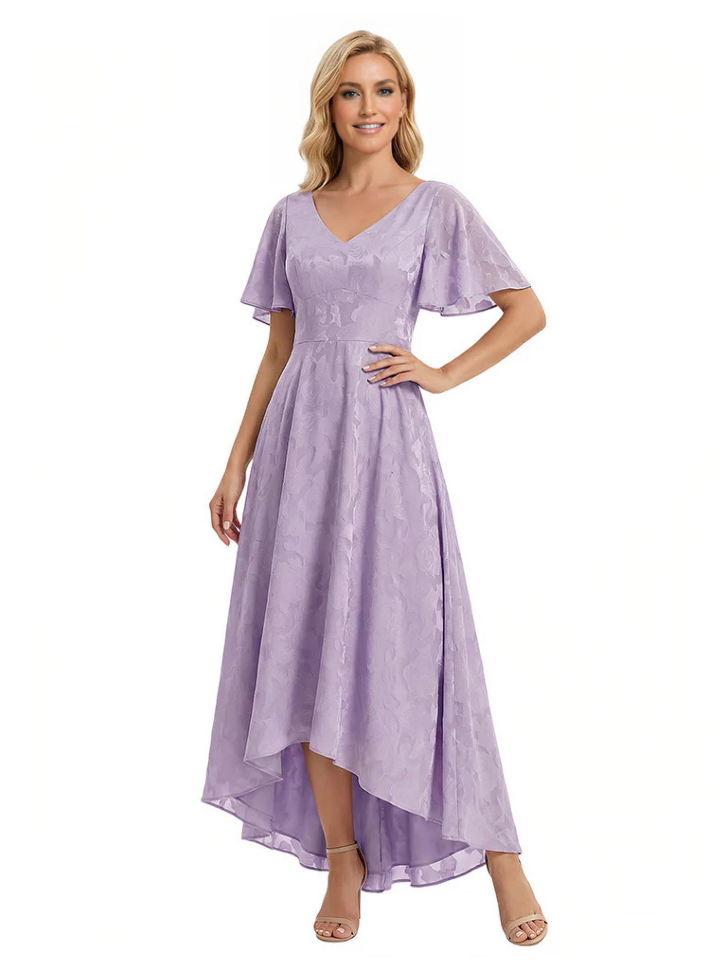 Elegant V-Neck Flutter Sleeves Floral Burnout Chiffon A-Line Formal Evening Dresses