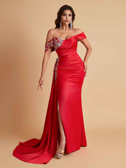 Elegant Soft Satin Mermaid Off Shoulder Floor-Length Mermaid Bridesmaid Dresses