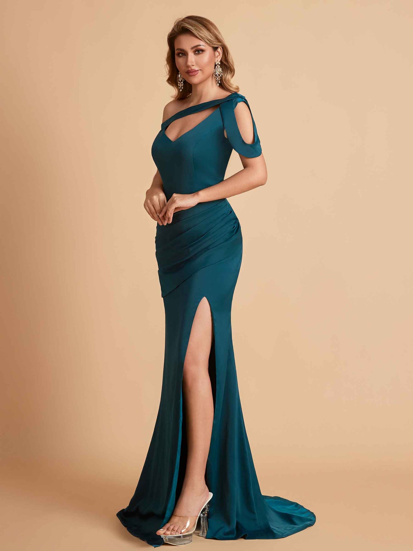 Sexy Soft Satin Unique V-Neck Side Slit Floor-Length Mermaid Bridesmaid Dresses Online
