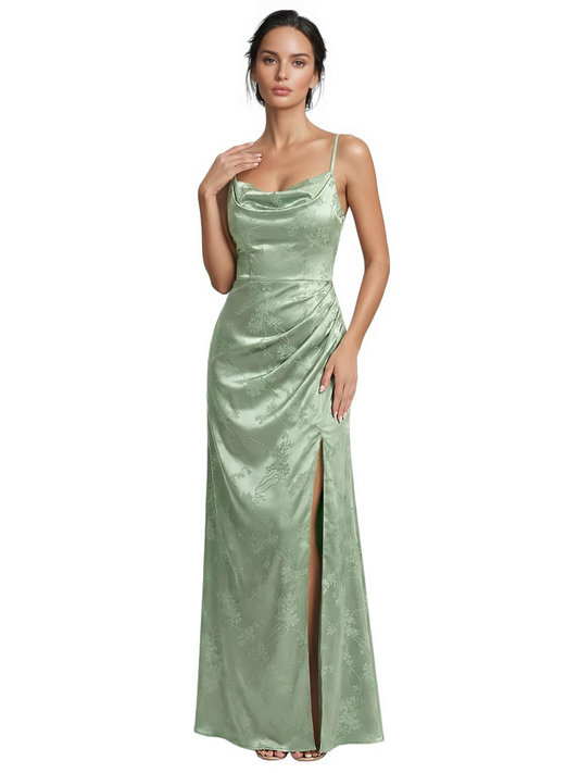 Elegant Jacquard Satin Spaghetti Straps Mermaid Long Formal Evening Dresses