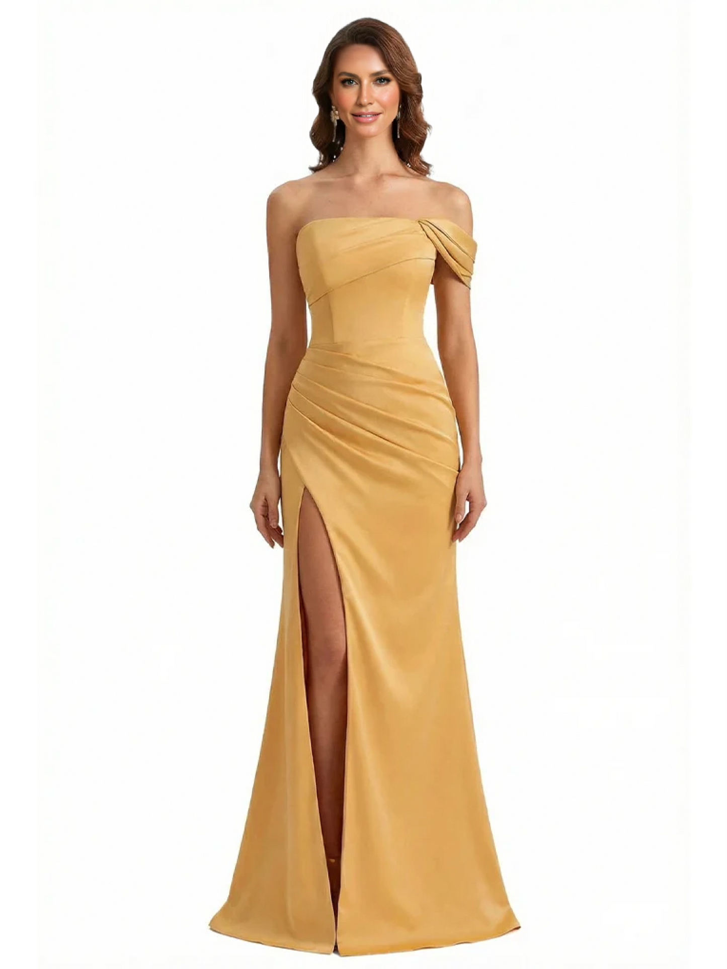 Sexy One Shoulder Ruched Side Slit Mermaid Silky Satin Long Formal Evening Dresses