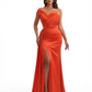 Sexy One Shoulder Mermaid Ruched Soft Satin Floor Length Formal Evening Dresses Side Slit