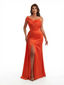 Sexy One Shoulder Mermaid Ruched Soft Satin Floor Length Formal Evening Dresses Side Slit