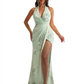 Simple Halter Side Slit Mermaid Floral Satin Maxi Floral Formal Dresses For Women