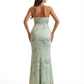 Simple Halter Side Slit Mermaid Floral Satin Maxi Floral Formal Dresses For Women