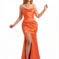 Sexy Cowl Side Slit Mermaid Soft Satin Long Formal Gowns For Women Spaghetti Straps