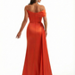 Sexy One Shoulder Mermaid Ruched Soft Satin Floor Length Formal Evening Dresses Side Slit