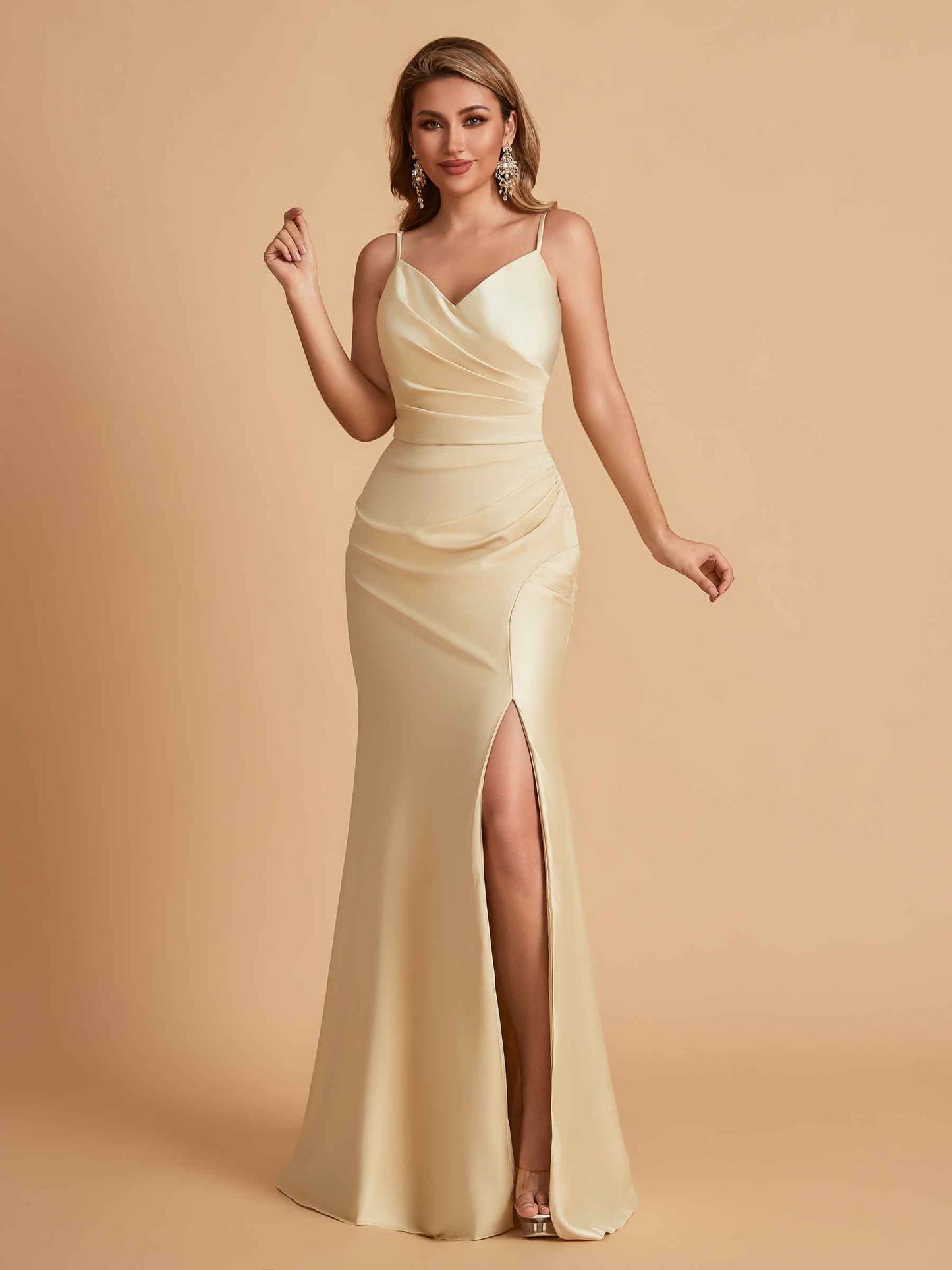 Elegant Satin Spaghetti Straps Mermaid Side Slit Floor Length Bridesmaid Dresses