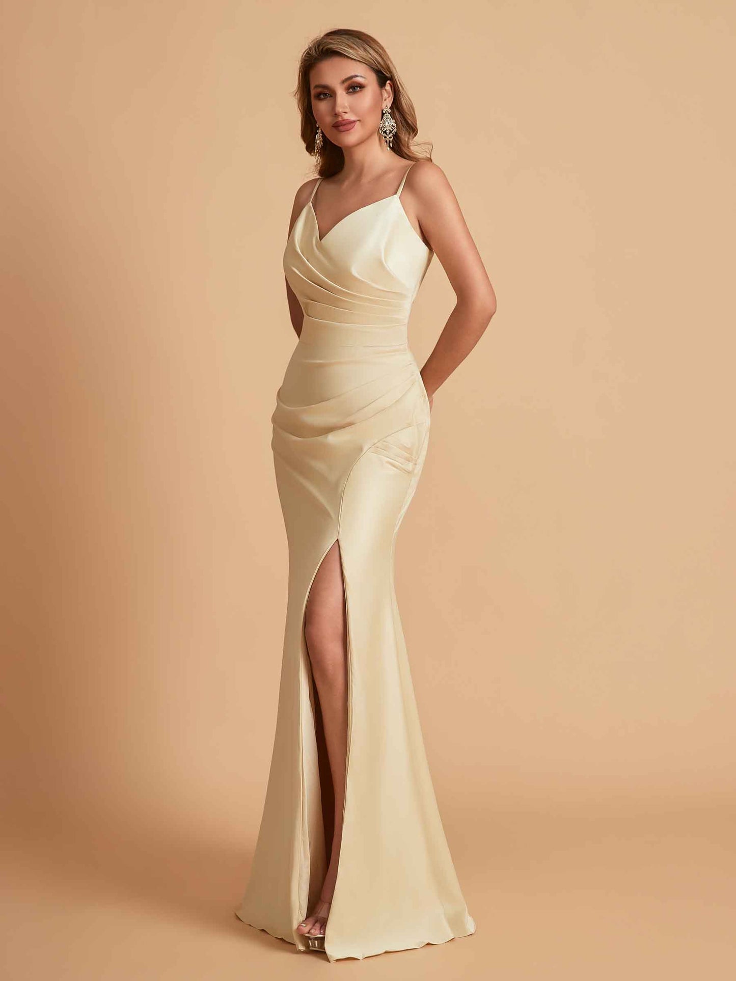 Elegant Satin Spaghetti Straps Mermaid Side Slit Floor Length Bridesmaid Dresses