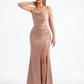 Elegant Spaghetti Straps Ruched Mermaid Soft Satin Long Formal Dresses For Women Side Slit