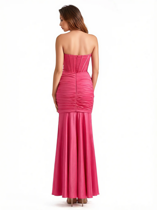 Trendy Strapless Boning Side Slit Mermaid Silky Satin Long Party Formal Dresses