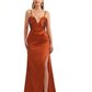 Elegant Mermaid Ruched Satin Long Formal Dresses For Women Spaghetti Straps Side Slit