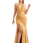 Women's Halter Ruched Satin Mermaid Long Evening Gown Dresses For Women Side Slit