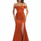 Off The Shoulder Ruched Satin Mermaid Long Evening Gown Dresses For Women Side Slit