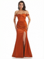 Off The Shoulder Ruched Satin Mermaid Long Evening Gown Dresses For Women Side Slit