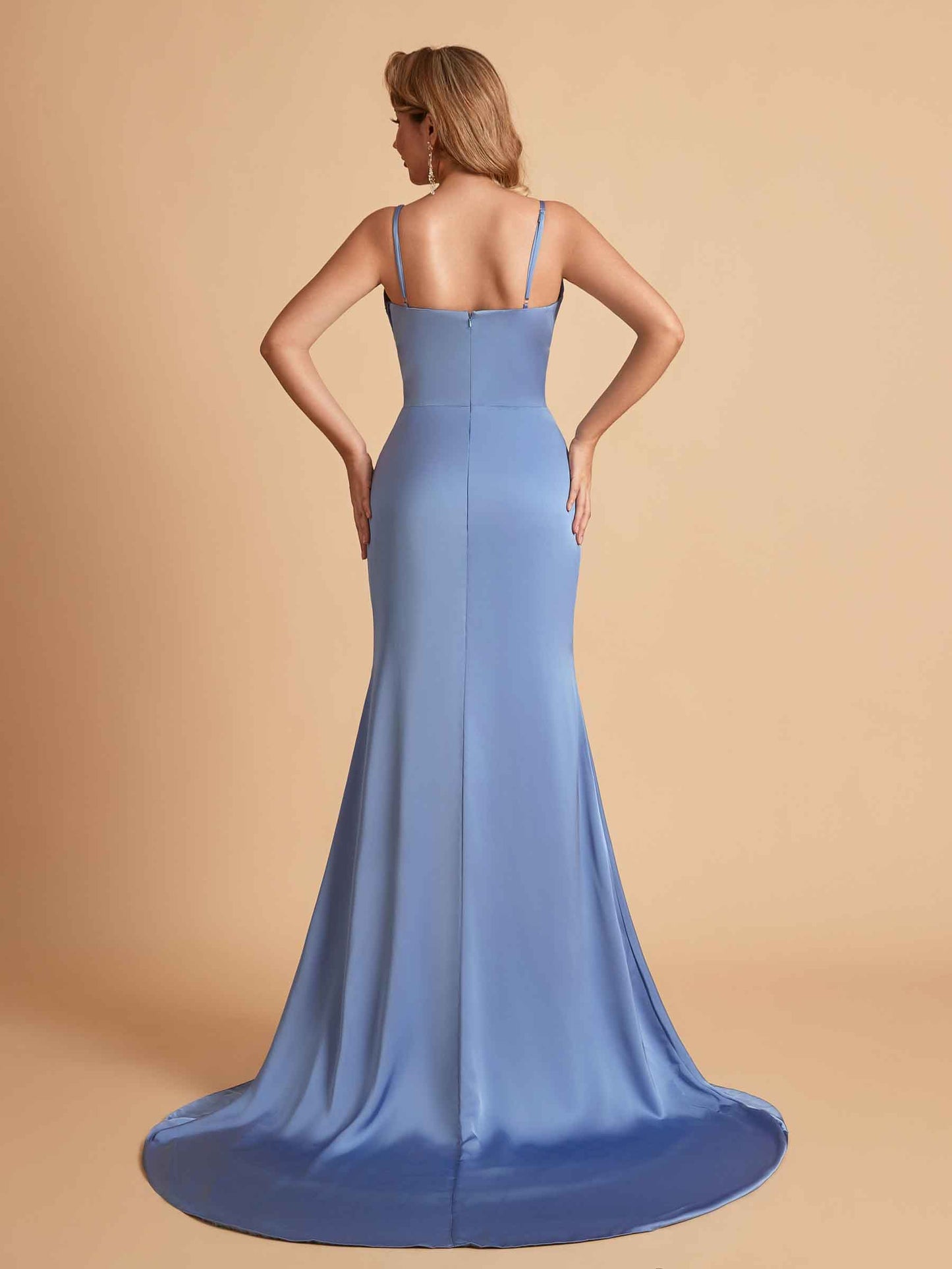 Elegant Satin Spaghetti Straps V-Neck Mermaid Side Slit Floor Length Bridesmaid Dresses